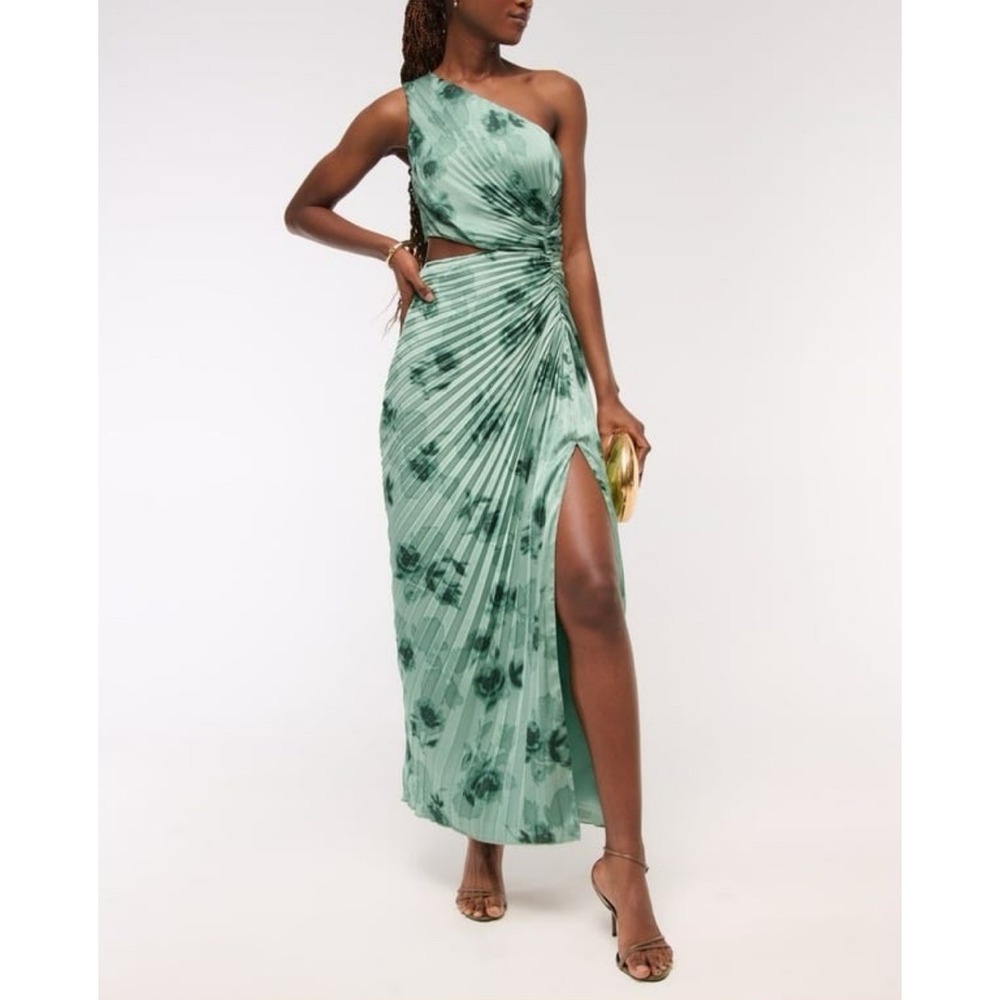 Abercrombie & Fitch One Shoulder Maxi Dress Pleated Green Floral Cutout Waist